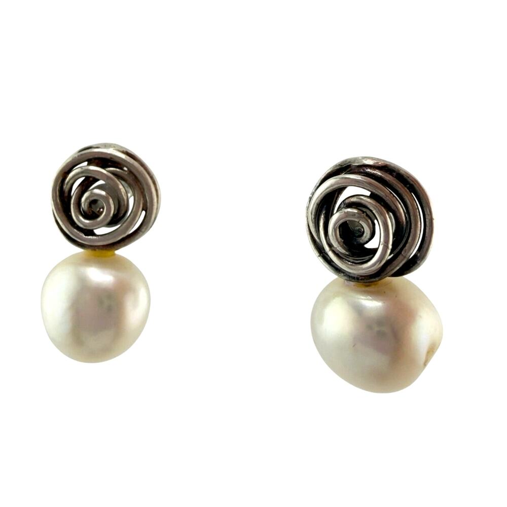 Tous Minimalist 925 Sterling Silver Freshwater Pearl Designer .75" Earrings